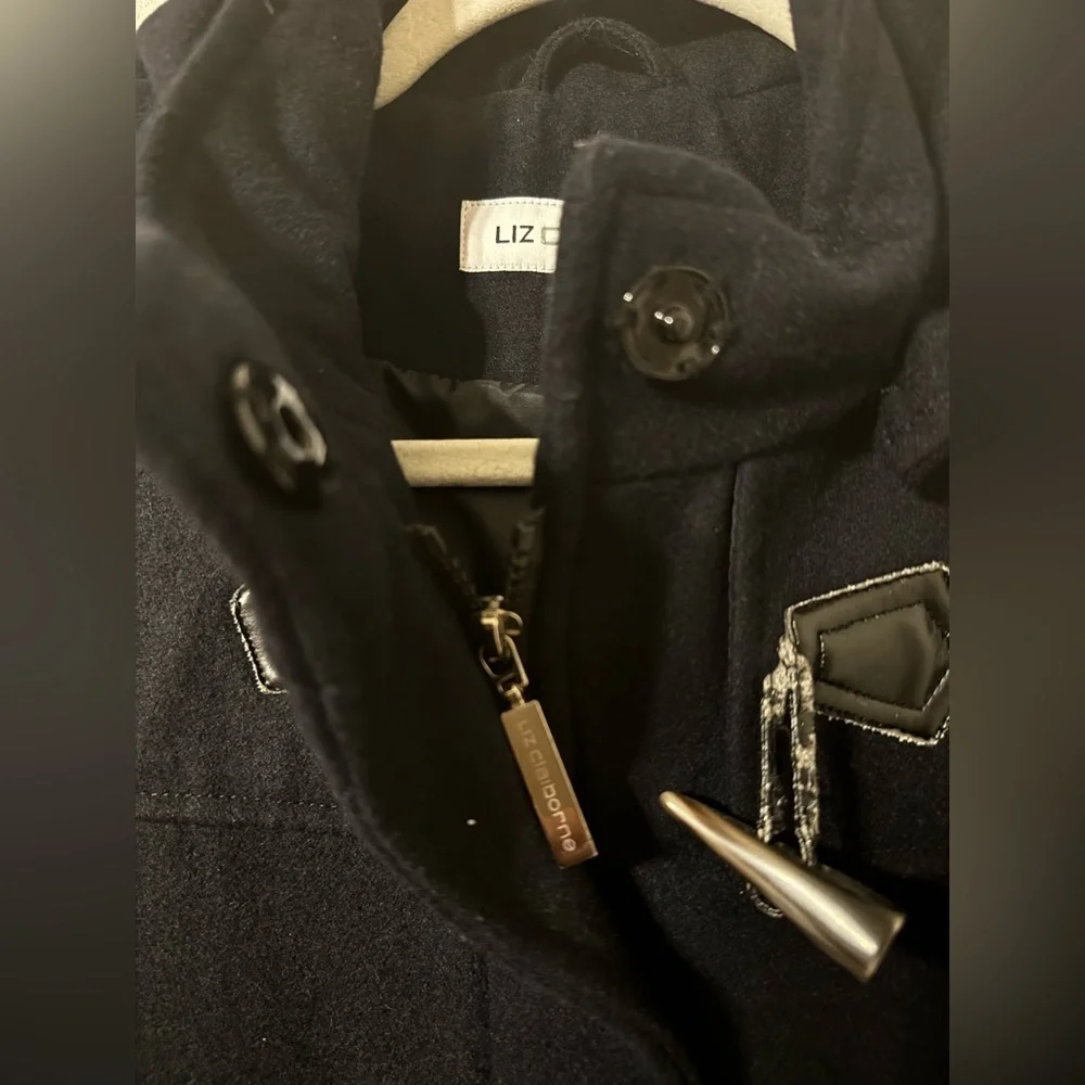Liz Claiborne Black Peacoat with Toggle, Hood and Zipper - Picture 6 of 10